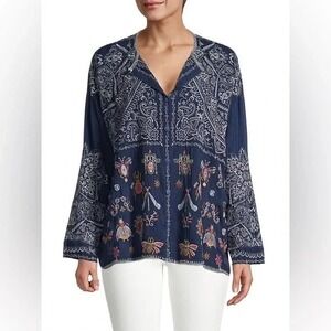 Johnny Was Women Renenutet Top Blue Embroidered Beetle Dragonfly Fly Embroidered